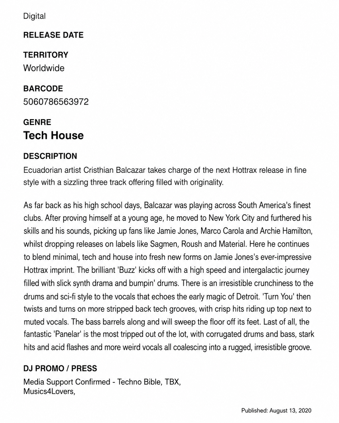 Buzz EP press release sheet describing Cristhian Balcazar's Hottrax release