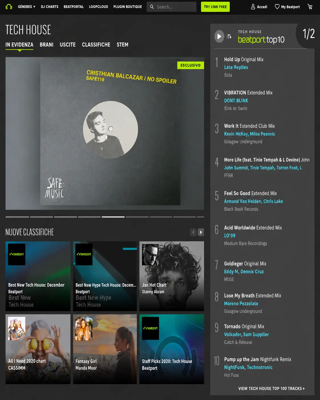 Beatport Tech House exclusive front page featuring Cristhian Balcazar No Spoiler on Safe Music