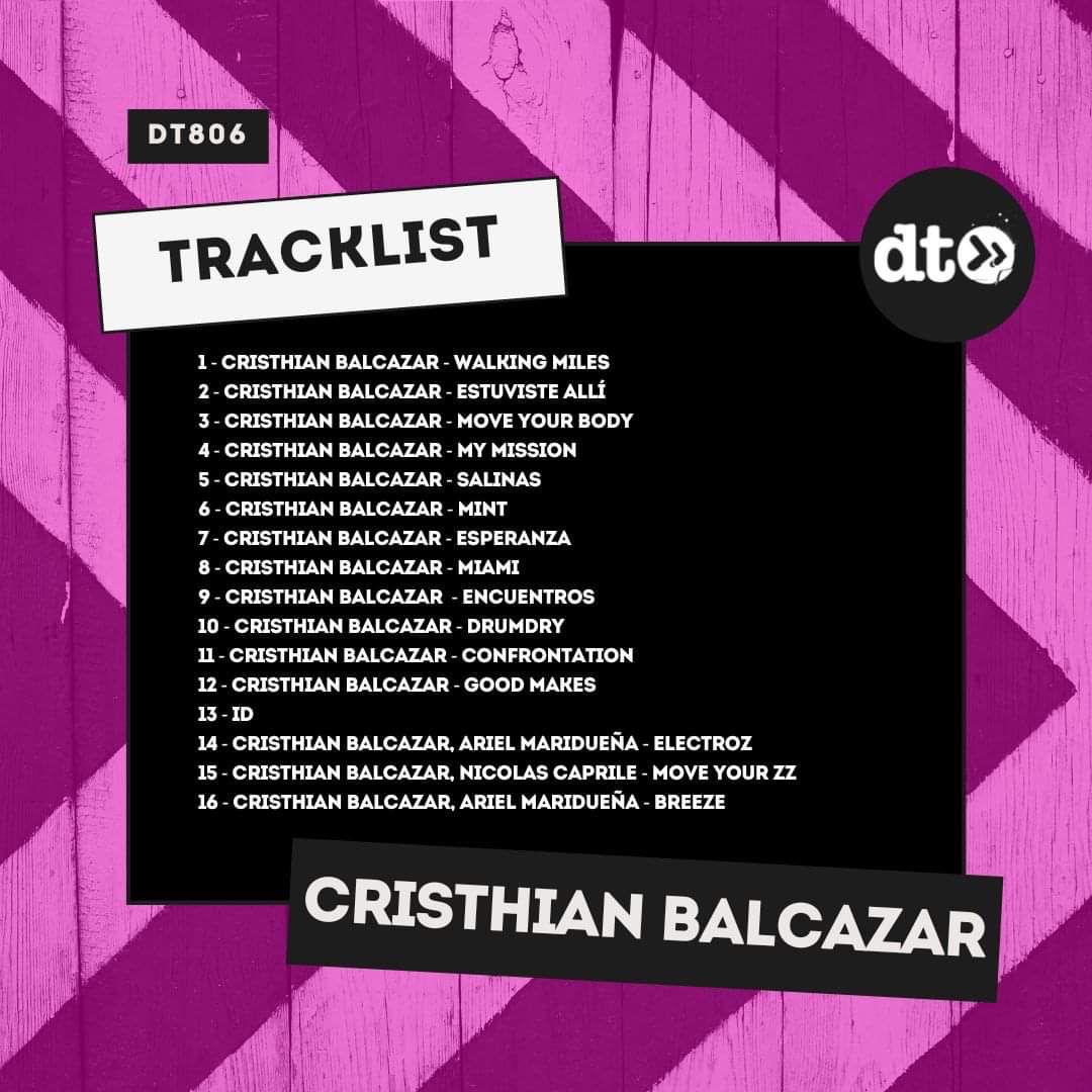 Cristhian Balcazar DT806 tracklist with 16 tracks including Walking Miles, Move Your Body, Miami and collaborations